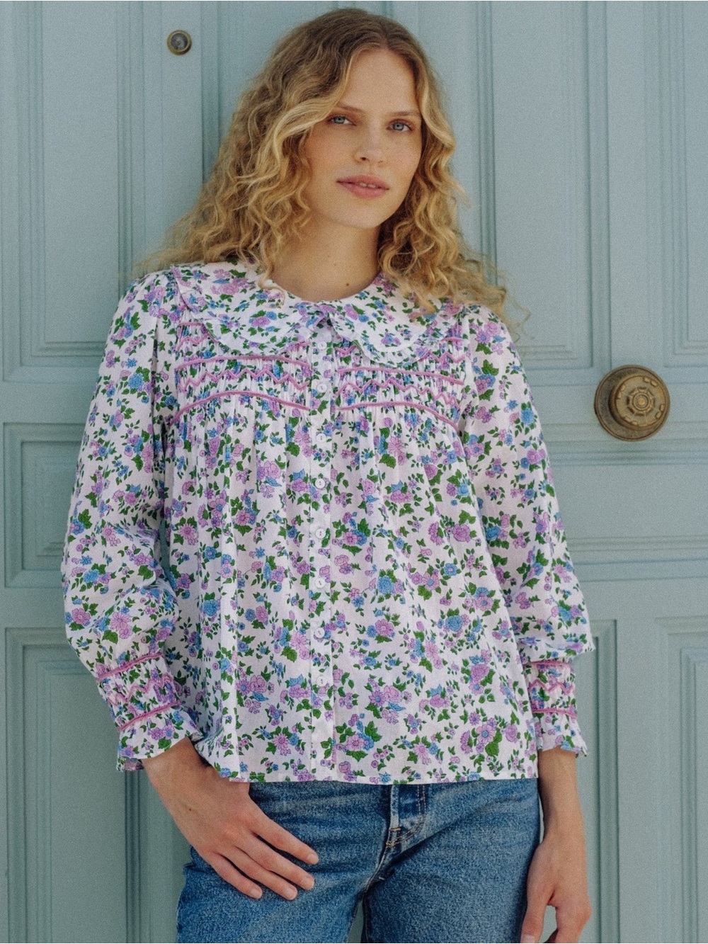 Pink City Print Floral Cotton Blouse - Lavender S